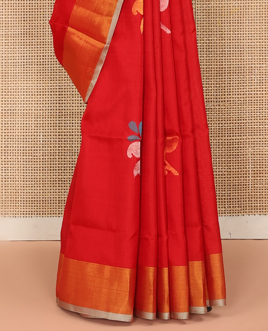 Red Uppada Silk Saree Featuring Floral Buttas, Subtle Zari Bavanji Border, Pallu Decked Up with Jamdani-Style Floral Motifs, and Paired with a Contrast Blouse