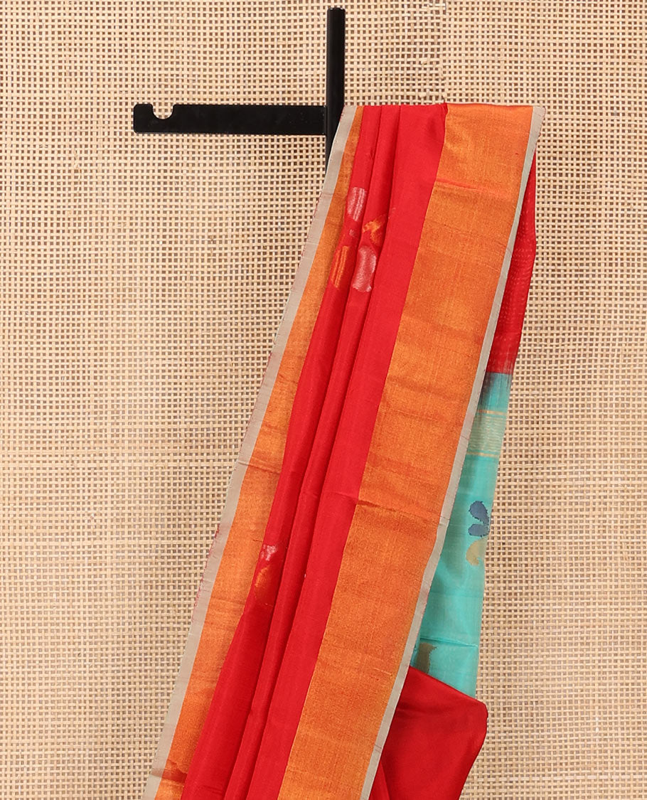 Red Uppada Silk Saree Featuring Floral Buttas, Subtle Zari Bavanji Border, Pallu Decked Up with Jamdani-Style Floral Motifs, and Paired with a Contrast Blouse