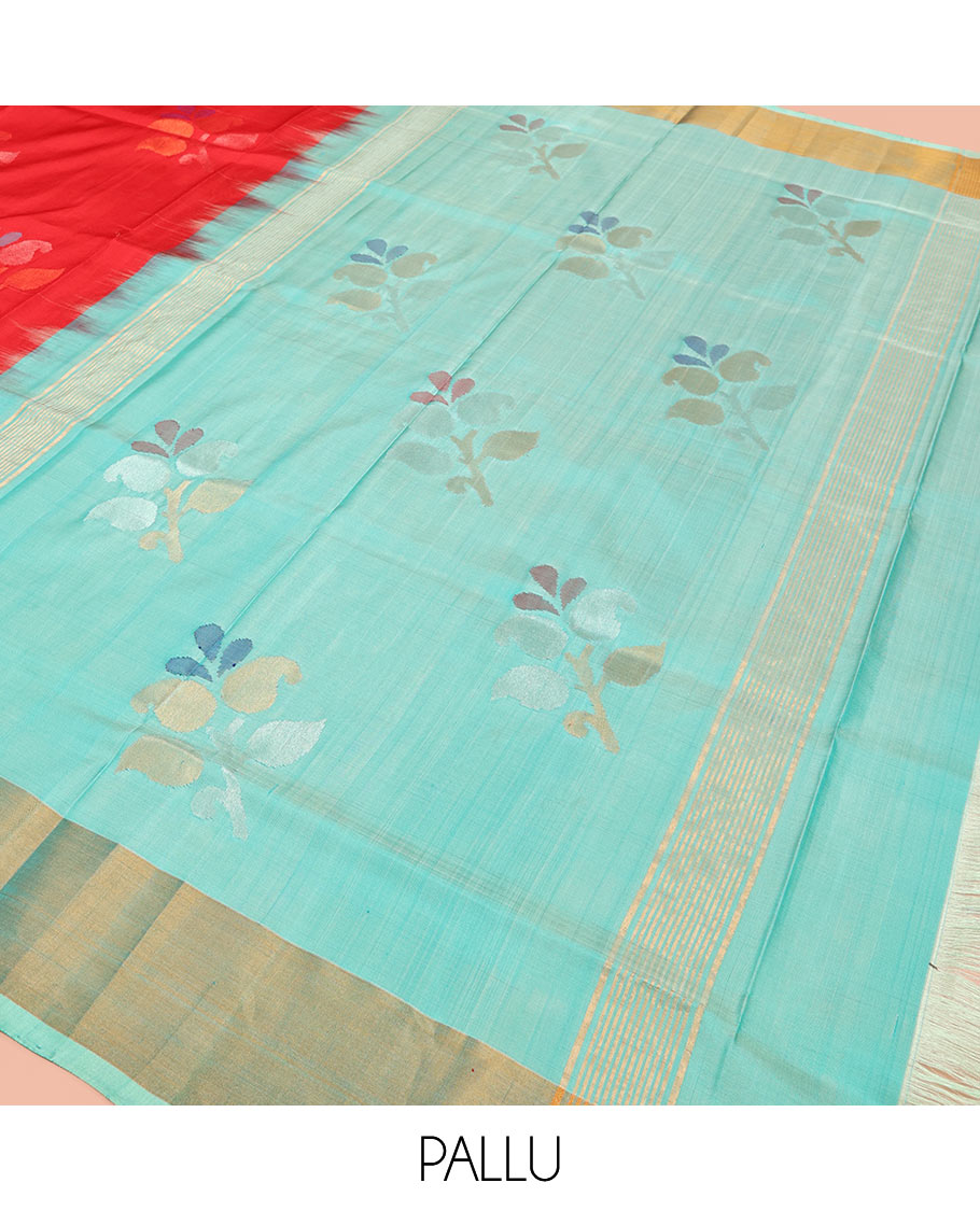 Red Uppada Silk Saree Featuring Floral Buttas, Subtle Zari Bavanji Border, Pallu Decked Up with Jamdani-Style Floral Motifs, and Paired with a Contrast Blouse
