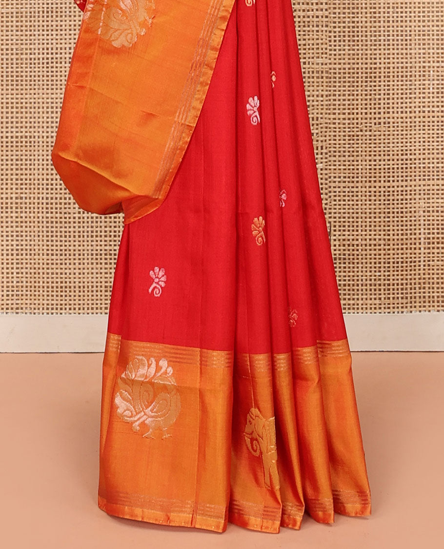 Red Uppada Silk Saree Decorated with Zari Buttas, Captivating Contrast Border Featuring Peacock and Elephant Motifs in Zari, Pallu Adorned with Paisley Butta, Enclosed Jaal Design, and Paired with a Contrast Blouse