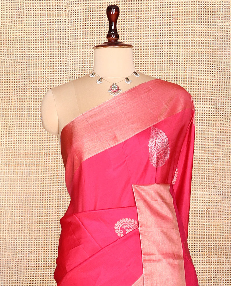 Red Semi Uppada Saree, Gleamed with Zari Buttas, a Bavanji Border, Contrast Diagonal Leaf Vine Pallu, and a Contrast Blouse