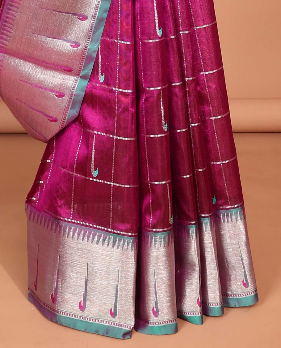 Marron parrot motifs enclosed with checked design vengatagiri pure silk saree , contrast parrot border & pallu of argyle pattern