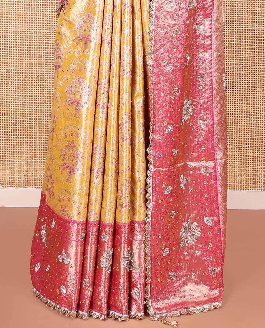 Yellow Vastrakala Silk Saree, Decked up with Floral Jacquard and Stone Work, Complemented by Contrast Traditional Zari and Cut Embroidered Scallop Border, Gleaming Grand Zari-Stone Work Pallu, and Paired with Contrast Heavy Stone Embroidered Blouse