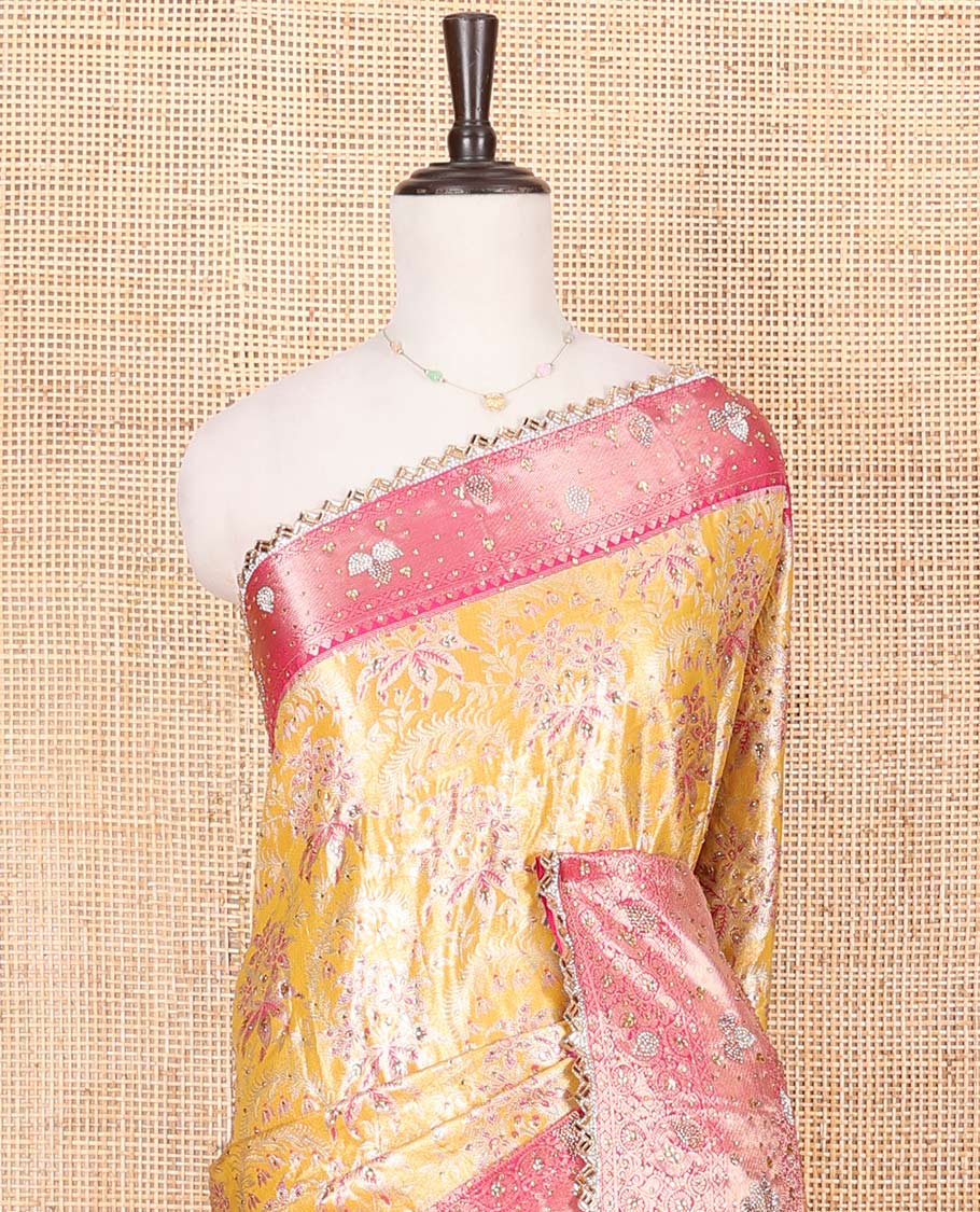 Yellow Vastrakala Silk Saree, Decked up with Floral Jacquard and Stone Work, Complemented by Contrast Traditional Zari and Cut Embroidered Scallop Border, Gleaming Grand Zari-Stone Work Pallu, and Paired with Contrast Heavy Stone Embroidered Blouse