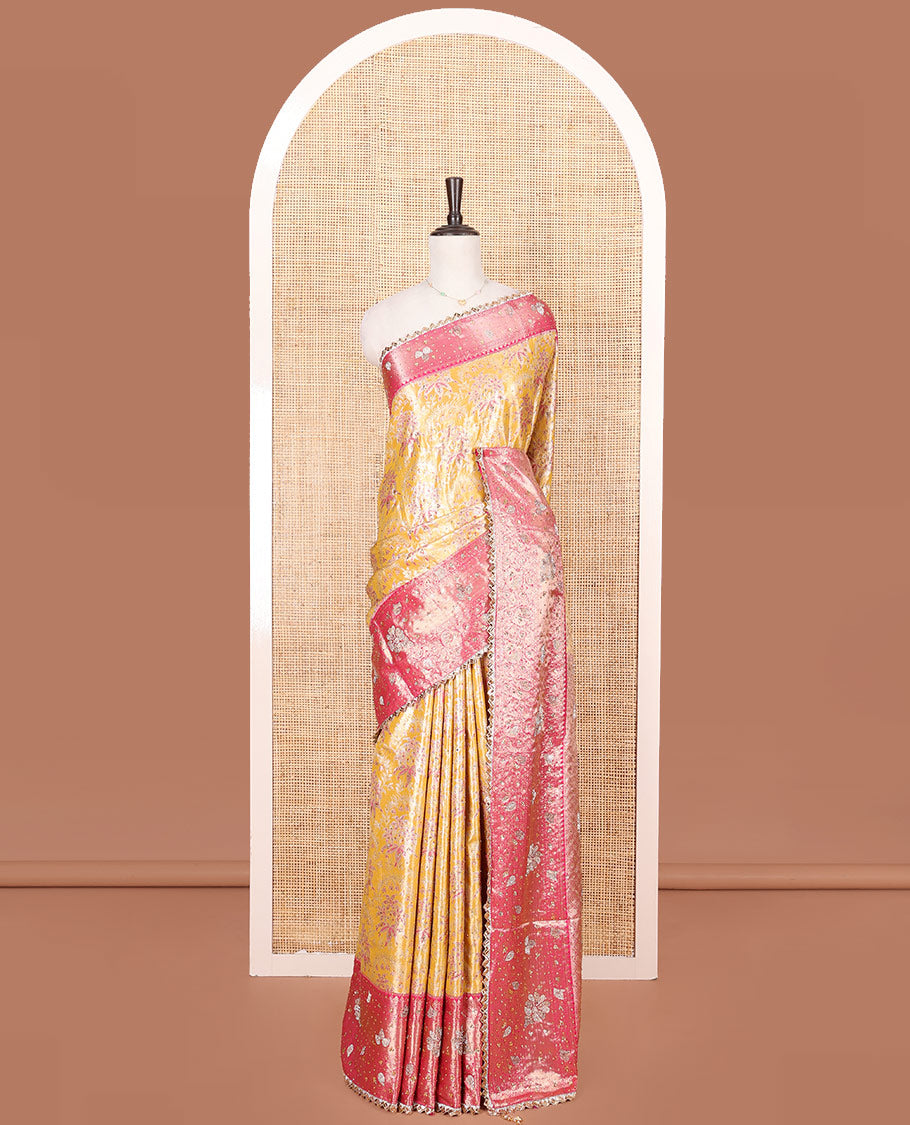 Yellow Vastrakala Silk Saree, Decked up with Floral Jacquard and Stone Work, Complemented by Contrast Traditional Zari and Cut Embroidered Scallop Border, Gleaming Grand Zari-Stone Work Pallu, and Paired with Contrast Heavy Stone Embroidered Blouse