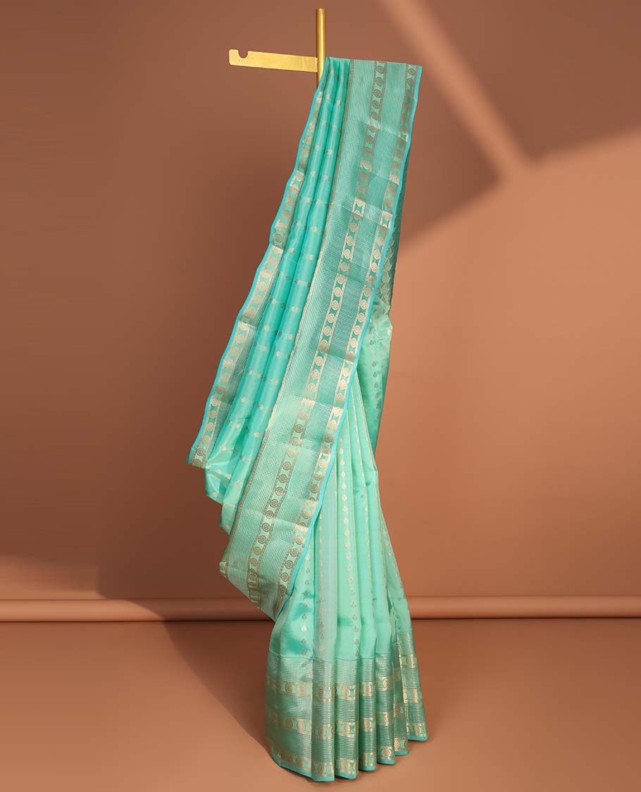 Green striped leaf design vasundhara elite silk saree with self zari design border & leaf zari design pallu