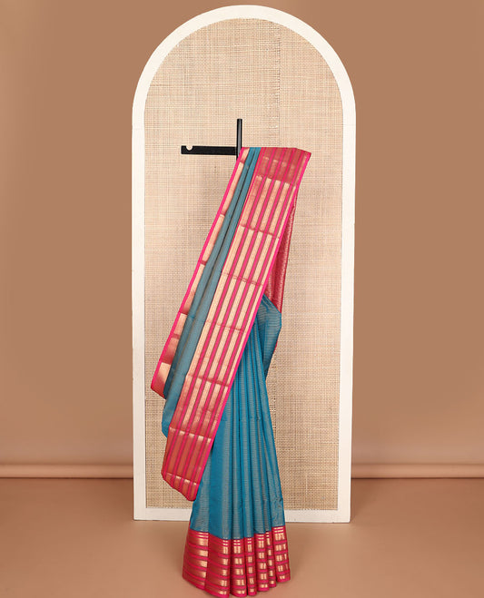 Blue striped vasundhara elite silk saree with contrast zari design border & floral jaal design pallu