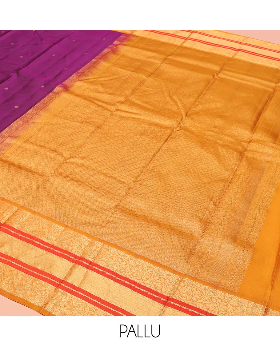 Purple Vasundhara Lite-Silk Mix Saree Decked Up with Zari Buttas on Its Body, Complemented by a Contrast Border of Neli, Muthu, and Kodi Visiry Designs, Pallu Spotlighted with Jaal Designs, and Paired with a Contrast Blouse