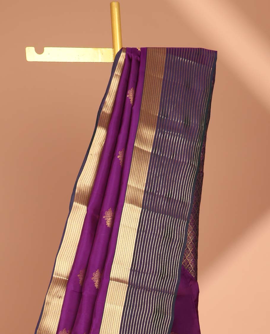 Purple floral design vasundhara silk mix saree  with contrast striped border & pallu of argyle design