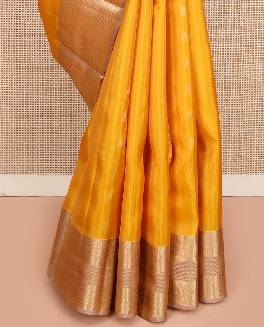 Yellow Vasundhara Lite Silk Mix Saree, Sparsely Woven with Zari Buttas, Complemented by a Contrast Border of Geometric Designs, Boldly Accentuated Pallu of Chevron Designs, and Paired with a Contrast Blouse