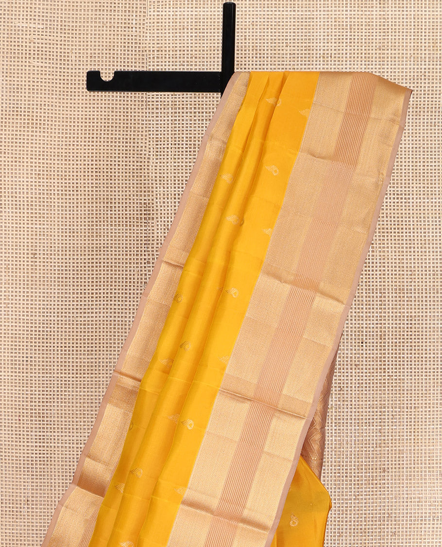 Yellow Vasundhara Lite Silk Mix Saree, Sparsely Woven with Zari Buttas, Complemented by a Contrast Border of Geometric Designs, Boldly Accentuated Pallu of Chevron Designs, and Paired with a Contrast Blouse