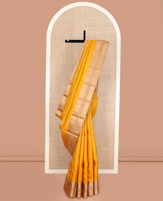 Yellow Vasundhara Lite Silk Mix Saree, Sparsely Woven with Zari Buttas, Complemented by a Contrast Border of Geometric Designs, Boldly Accentuated Pallu of Chevron Designs, and Paired with a Contrast Blouse