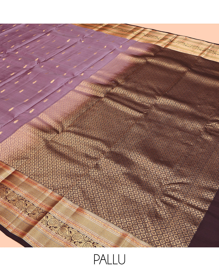 Lavender Vasundhara Lite Silk Mix Saree, Mesmerized with Zari Buttas, a Contrast Border of Rekku, Muthu, Mayil Kann, and Dhavana Kodi, Jaal Pallu, and a Contrast Blouse