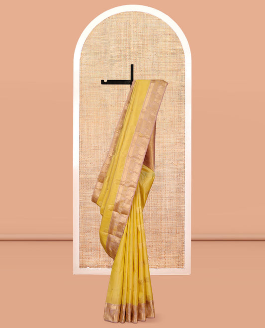Yellow Vasundhara Lite Silk Mix Saree, Detailed with Mayil Buttas, a Contrast Mayil Border, an Intricate Pallu, and a Matching Blouse