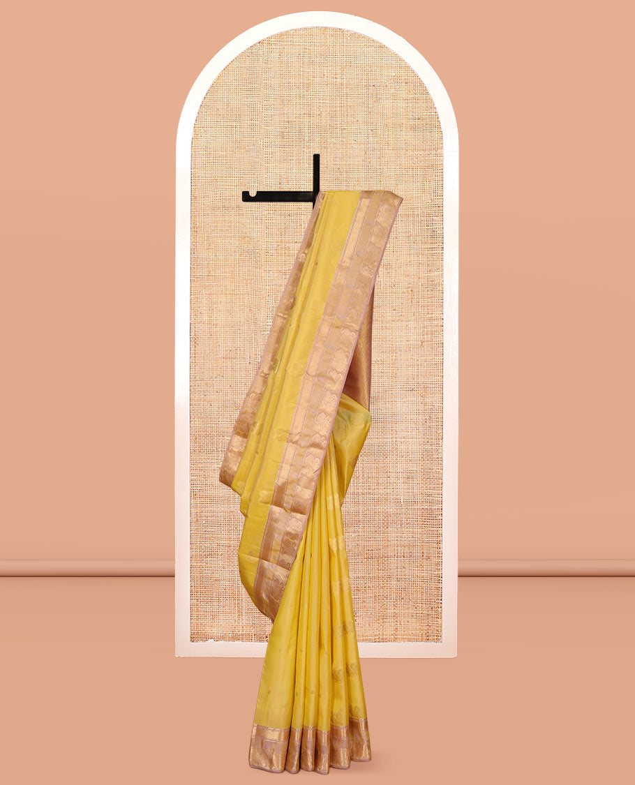 Yellow Vasundhara Lite Silk Mix Saree, Detailed with Mayil Buttas, a Contrast Mayil Border, an Intricate Pallu, and a Matching Blouse