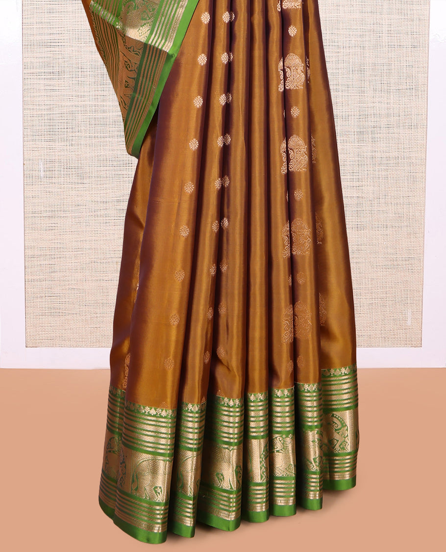 Brown Zari Buttas Vasundhara Lite Silk Mix Saree, Contrast Yaali-Yaanai Border, Jaal Pallu, Contrast Blouse