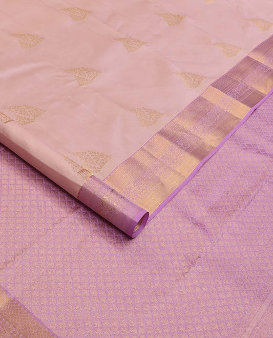 Pink zari buttas Vasundhara silk mix saree, contrast border of rekku, mayil kann, and floral jaal designs, and jaal pallu