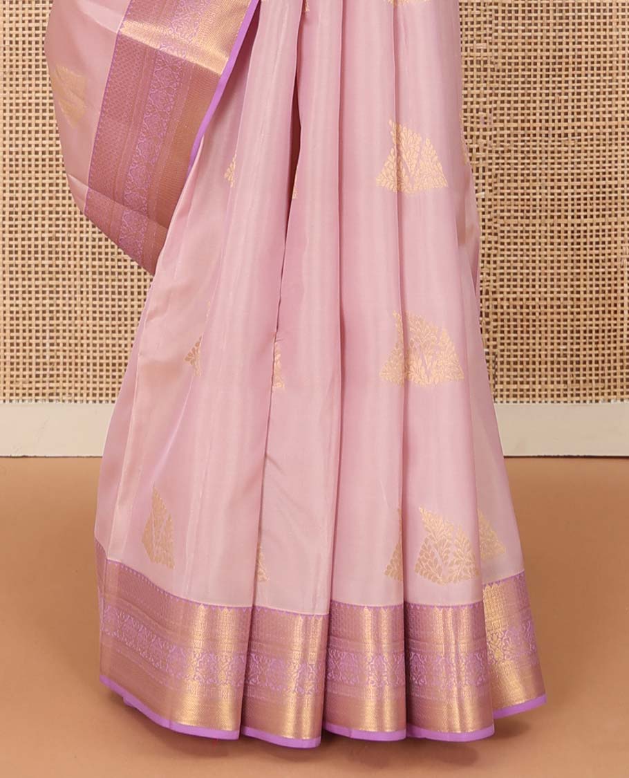 Pink zari buttas Vasundhara silk mix saree, contrast border of rekku, mayil kann, and floral jaal designs, and jaal pallu