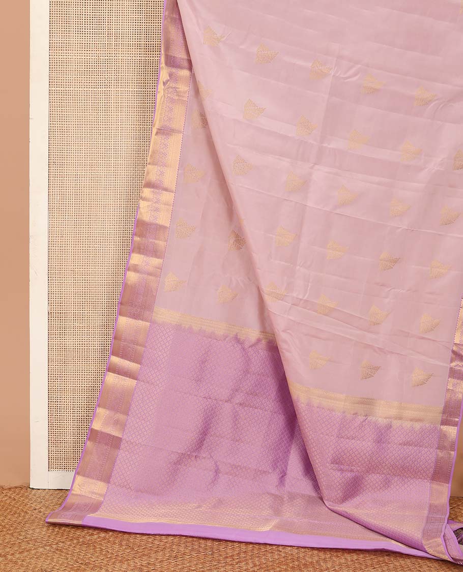 Pink zari buttas Vasundhara silk mix saree, contrast border of rekku, mayil kann, and floral jaal designs, and jaal pallu