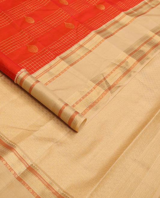 Orange zari checks and buttas Vasundhara silk mix saree, contrast rettai pettu border of thilakam mokku, muthu, cross neli, poun, ara madaam, and mayil designs, and then kuli kann pallu