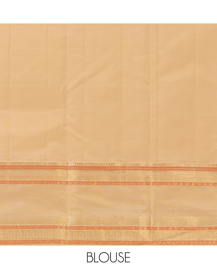 Orange zari checks and buttas Vasundhara silk mix saree, contrast rettai pettu border of thilakam mokku, muthu, cross neli, poun, ara madaam, and mayil designs, and then kuli kann pallu