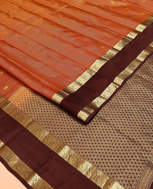 Orange Vasundhara Lite Silk Mix Saree, Embellished with Zari Butta Enclosed Checks on Its Body, Complemented by a Contrast Rettai Pettu Border of Mayil Designs, Pallu Steeped with Peaock Feather-Like Designs, and Paired with a Contrast Blouse