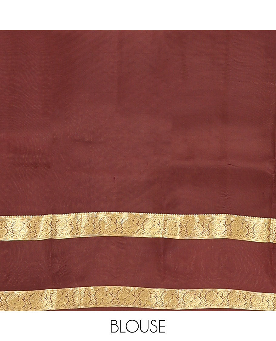 Orange Vasundhara Lite Silk Mix Saree, Embellished with Zari Butta Enclosed Checks on Its Body, Complemented by a Contrast Rettai Pettu Border of Mayil Designs, Pallu Steeped with Peaock Feather-Like Designs, and Paired with a Contrast Blouse