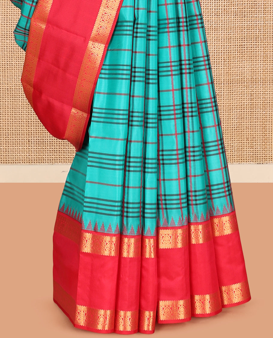 Blue Checked Vasundhara Lite Silk Mix Saree, a Contrast Rettai Pettu Thazampoo Rekku Border, Intricate Pallu, and a Contrast Blouse