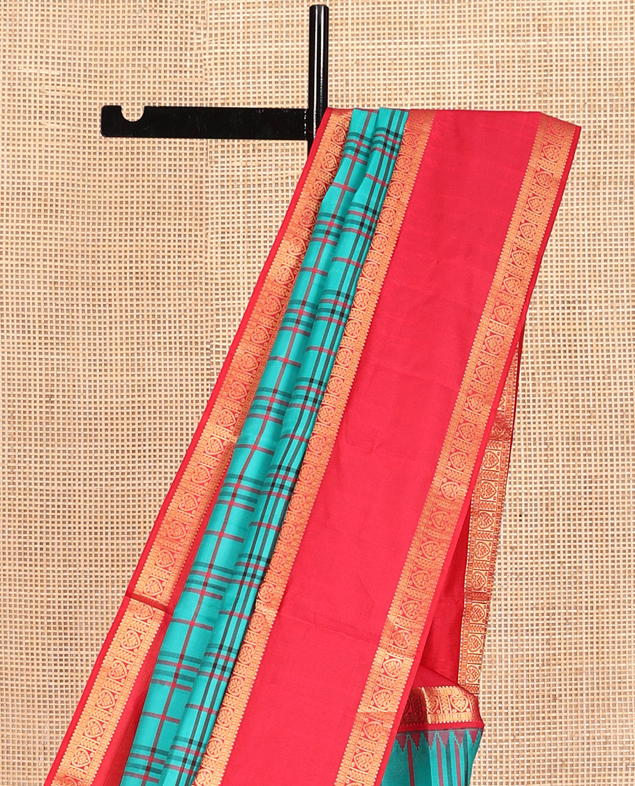 Blue Checked Vasundhara Lite Silk Mix Saree, a Contrast Rettai Pettu Thazampoo Rekku Border, Intricate Pallu, and a Contrast Blouse