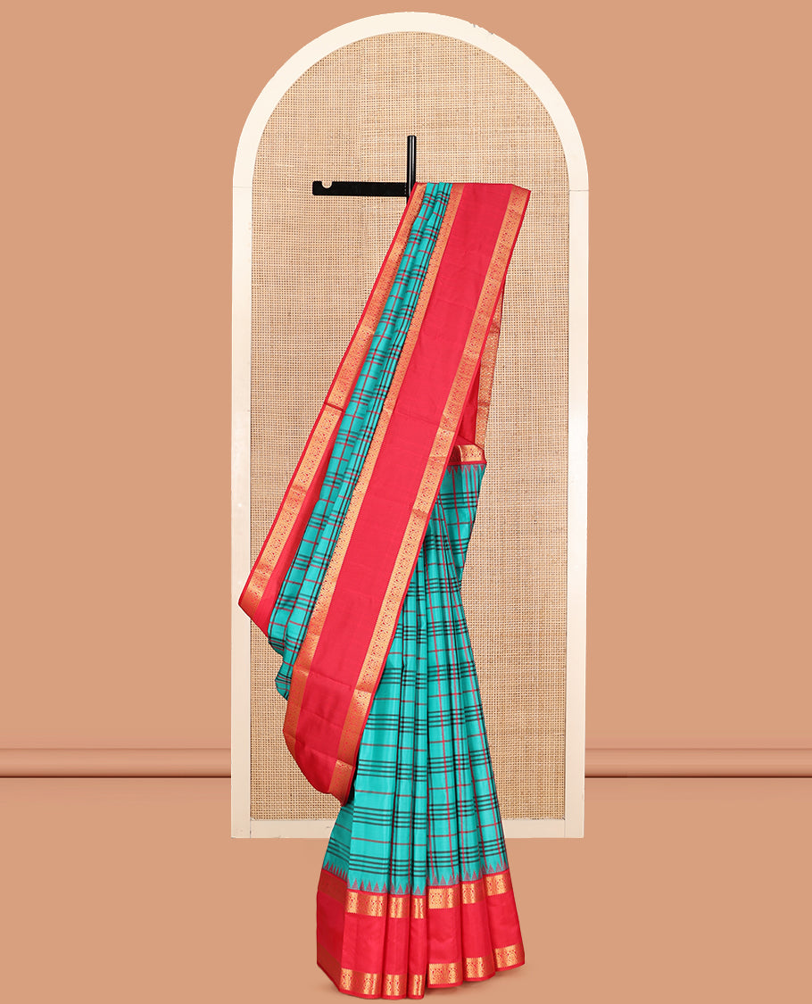 Blue Checked Vasundhara Lite Silk Mix Saree, a Contrast Rettai Pettu Thazampoo Rekku Border, Intricate Pallu, and a Contrast Blouse