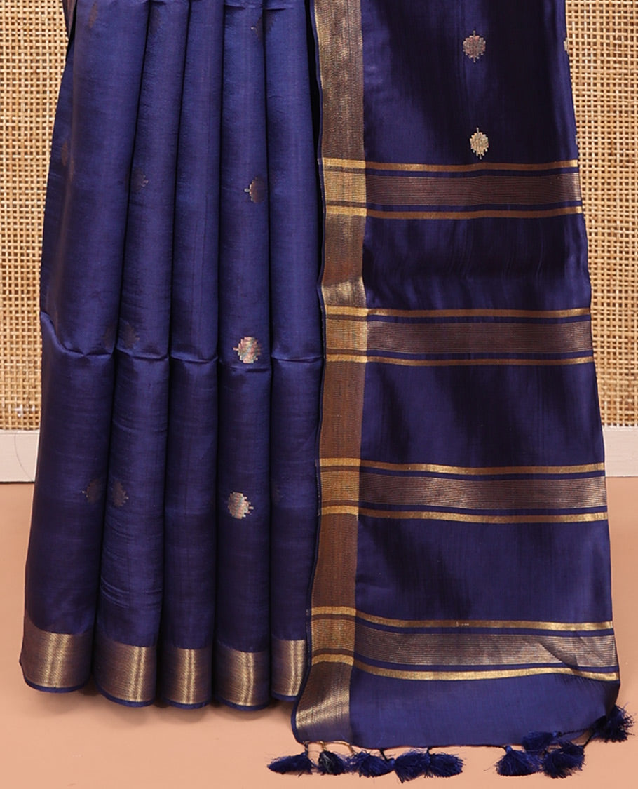 Blue Banana Pith Saree, Subtly Adorned with Buttas All Over Its Body, Highlighted by a Zari Bavanji Border, Gleaming Zari Striped Pallu, and Paired with a Matching Blouse