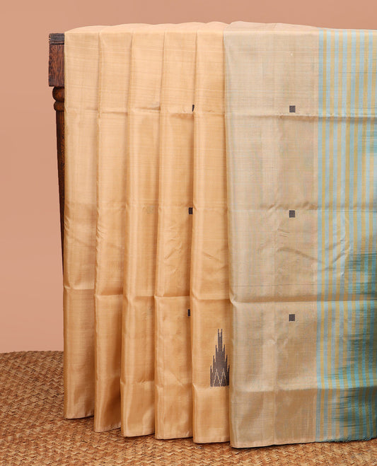 Borderless Sandal Banana Pith Saree, Adorned with Temple Buttas All Over Its Body, Complemented by a Contrast Pallu of Stripes and Temple Buttas, and Paired with a Contrast Blouse