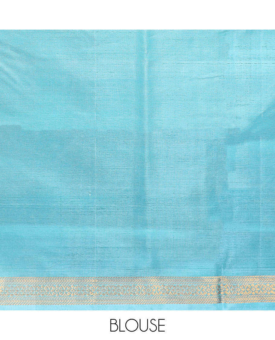 Pink animal motifs banana pith saree, traditional zari border, and contrast pallu of stripes, and buttas