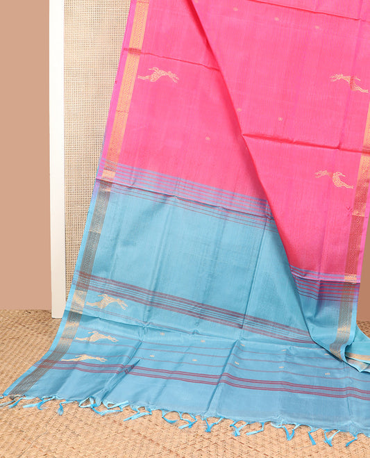 Pink animal motifs banana pith saree, traditional zari border, and contrast pallu of stripes, and buttas
