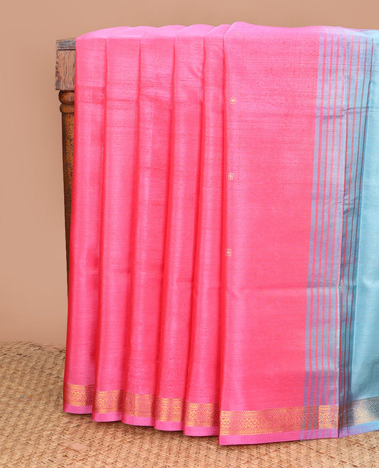 Pink animal motifs banana pith saree, traditional zari border, and contrast pallu of stripes, and buttas