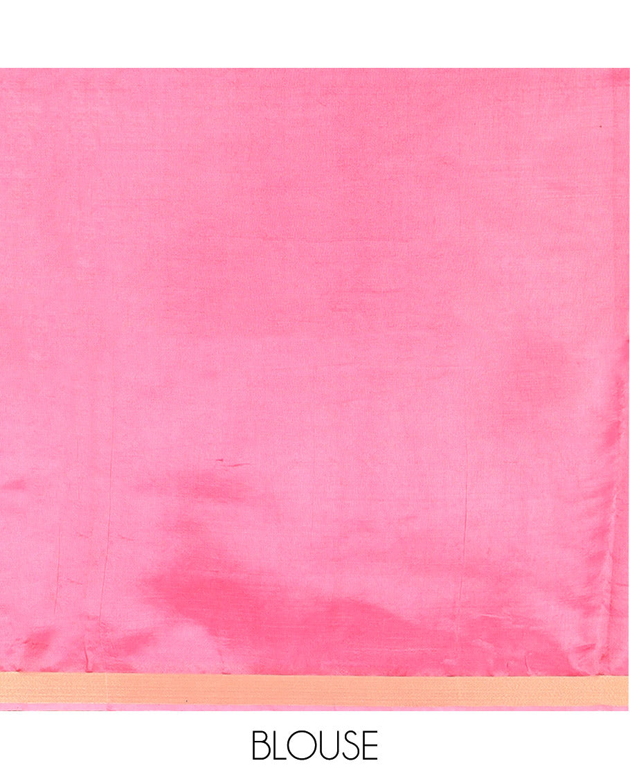 Pink Plain Banana Pith Saree Subtly Sparkled with Zari Bavanji Border, Gleaming Zari Stripes Woven Pallu, and Paired with a Matching Plain Blouse
