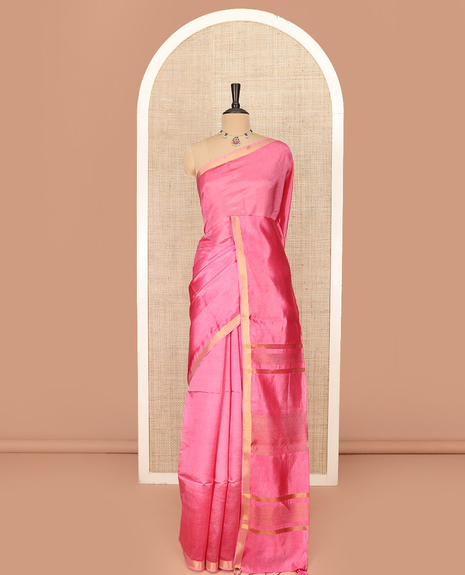 Pink Plain Banana Pith Saree Subtly Sparkled with Zari Bavanji Border, Gleaming Zari Stripes Woven Pallu, and Paired with a Matching Plain Blouse