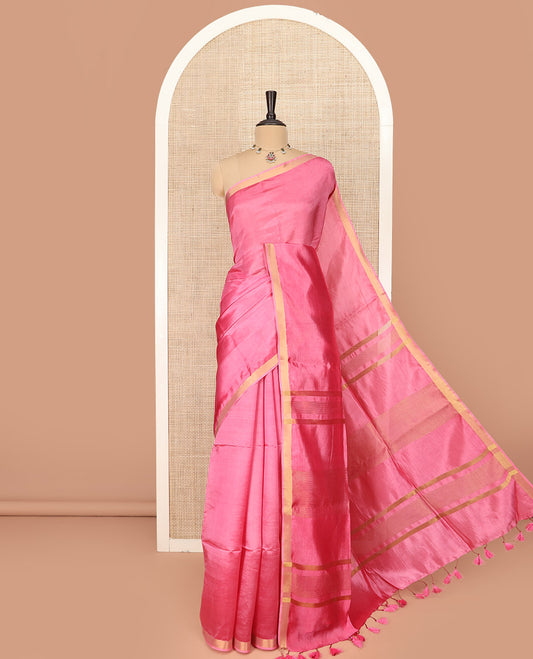 Pink Plain Banana Pith Saree Subtly Sparkled with Zari Bavanji Border, Gleaming Zari Stripes Woven Pallu, and Paired with a Matching Plain Blouse