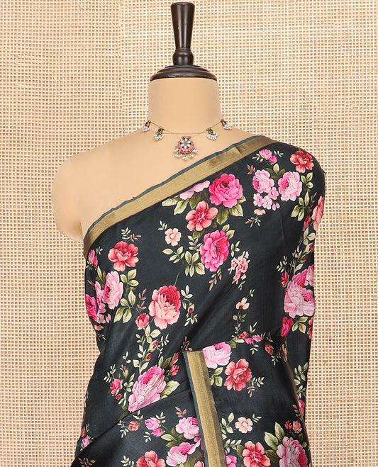 Black Banana Pith Saree Colorful Sparkled with Floral Motifs Print, Subtle Zari Border, Gleaming Zari Striped Pallu, and Paired with a Contrast Floral Printed Blouse