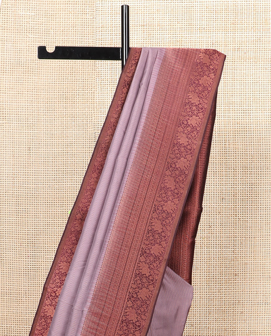 Light brown plain silk saree, contrast border of rekku, muthu, neli, and kodi visiry designs, and jaal pallu