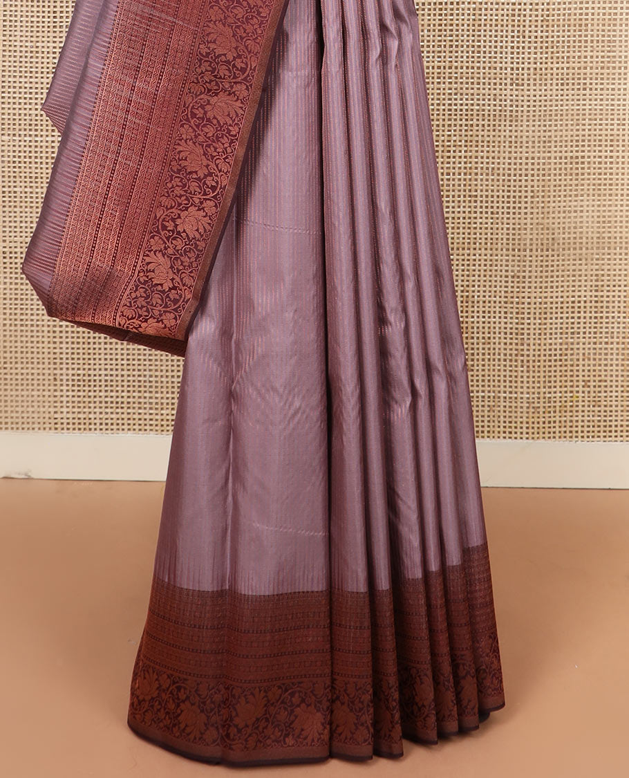 Light brown plain silk saree, contrast border of rekku, muthu, neli, and kodi visiry designs, and jaal pallu