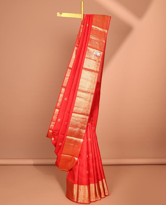 Red buttas Silk saree, traditional zari border of round yaanai design & jaal pallu