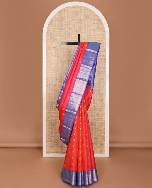 Red mayil buttas silk saree, contrast jaal pallu & border of thilakam, muthu, floral, banaras, manga, vanki & ara maadam