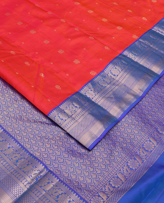 Red mayil buttas silk saree, contrast jaal pallu & border of thilakam, muthu, floral, banaras, manga, vanki & ara maadam