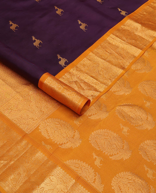 Eggplant purple maan buttas silk saree, contrast pallu of jaal, manga & maan & border of thilakam mokku,muthu,rudraksham & kili
