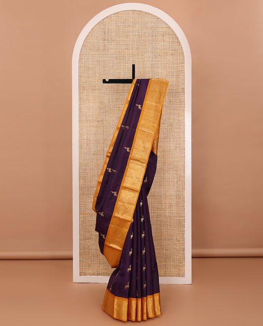 Eggplant purple maan buttas silk saree, contrast pallu of jaal, manga & maan & border of thilakam mokku,muthu,rudraksham & kili