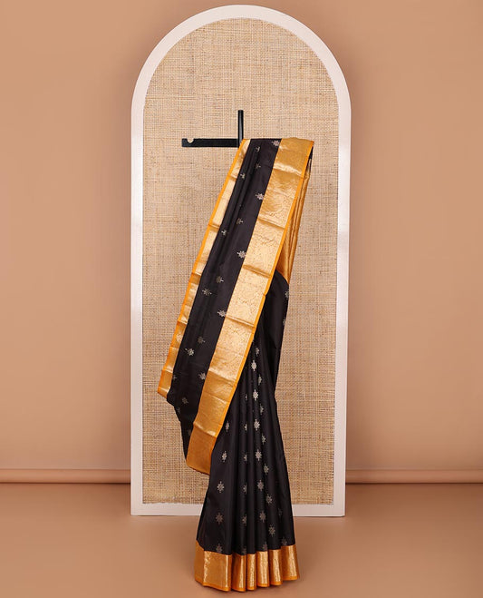Black meena buttas silk saree, contrast zari border of rekku, rudraksham & mayil designs & pallu of kamalam designs
