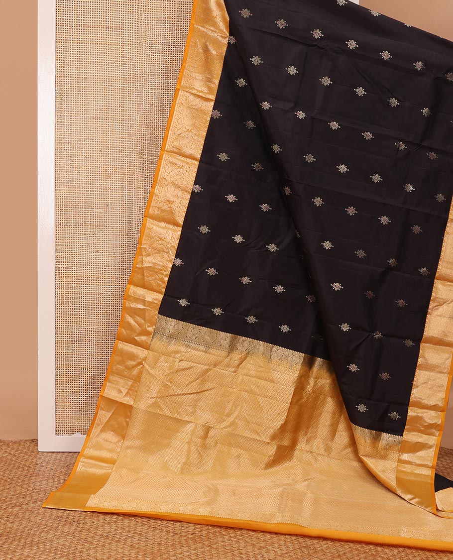 Black meena buttas silk saree, contrast zari border of rekku, rudraksham & mayil designs & pallu of kamalam designs
