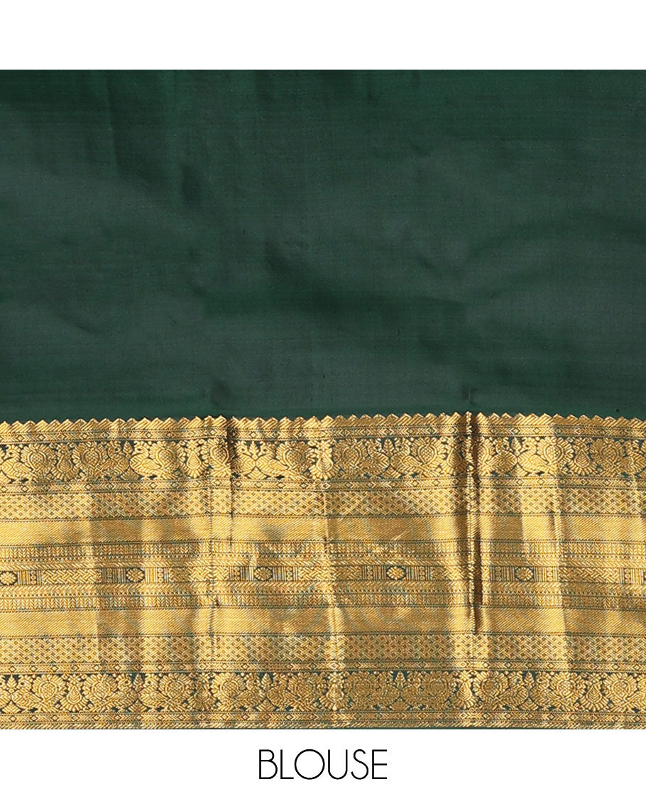 Orange zari buttas silk saree, contrast jaal pallu & border of rekku,banaras,mayil,paiyaadi kattam & kamalam designs