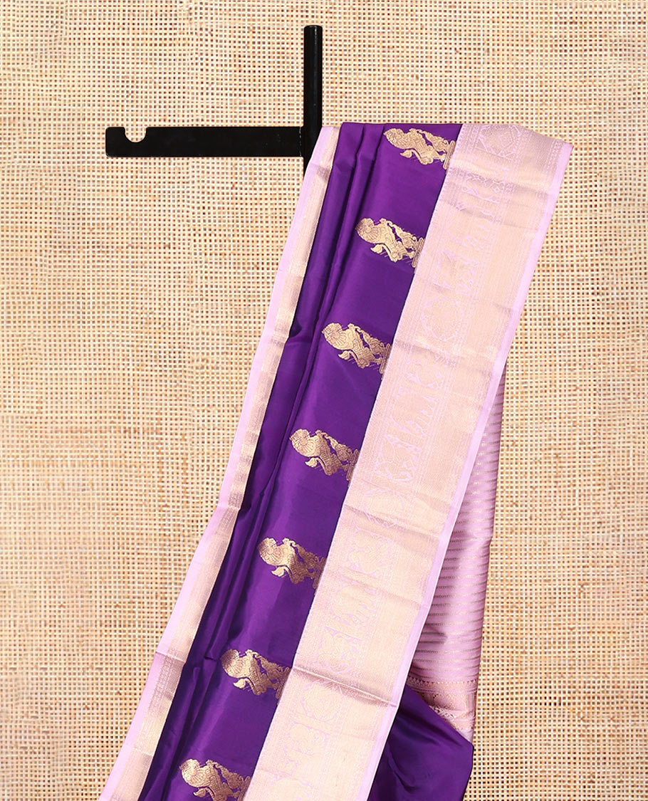 Violet Vasundhara Silk Saree, Elevated with Zari Buttas, Contrast Border of Thilakam, Mayil, Yaanai, and Kuthirai Designs, Grand Pallu, and Contrast Blouse